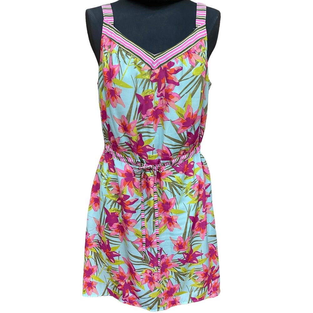Merona Summer Dress Size Large Pink Green Floral Tropical Vacation Resort Wear